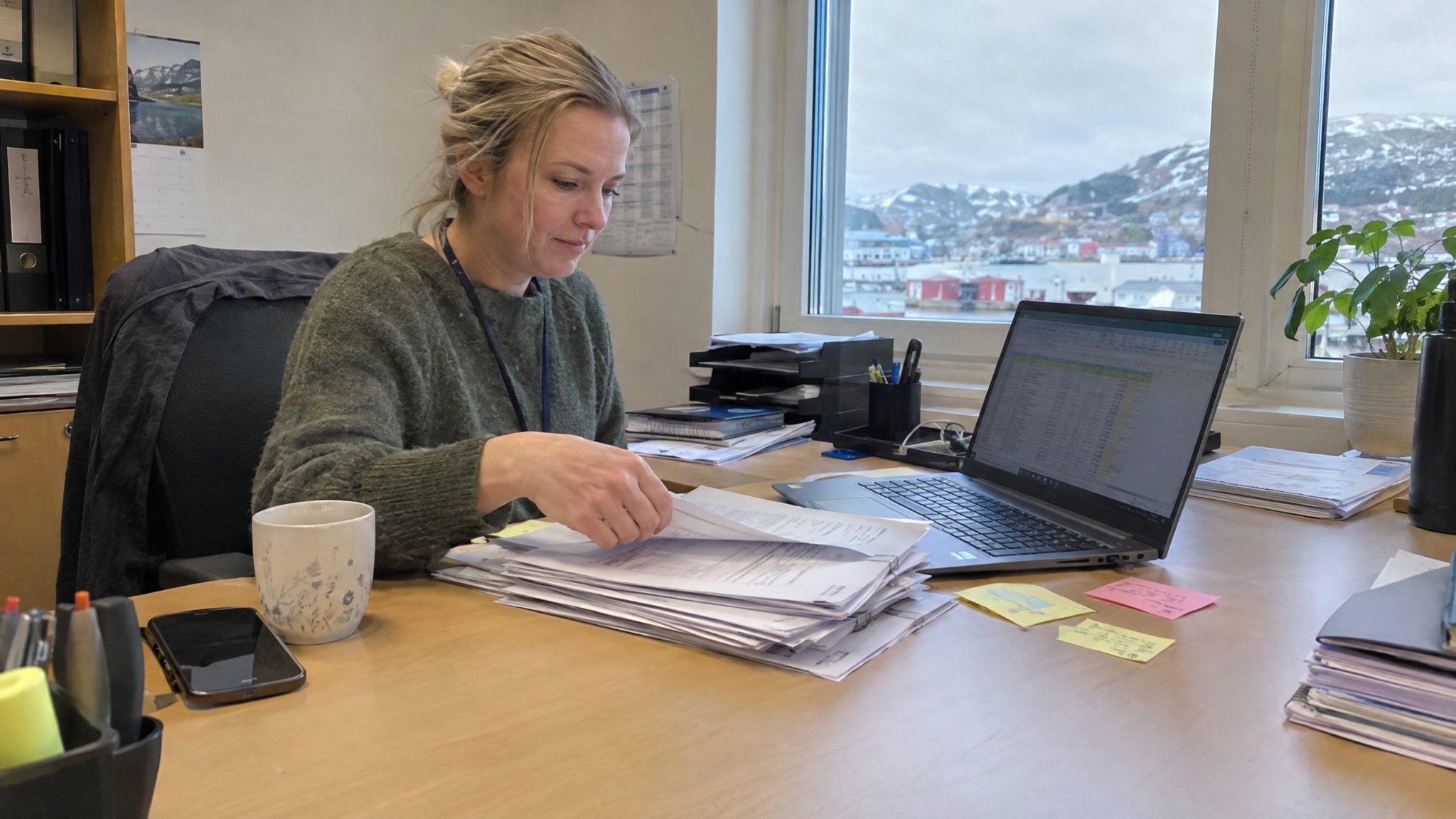 Kontorleder sorterer papirfakturaer ved siden av et regneark på laptopen